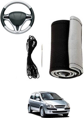 MATIES Hand Stiched Steering Cover For Hyundai Getz(Silver, Black, Leatherite)