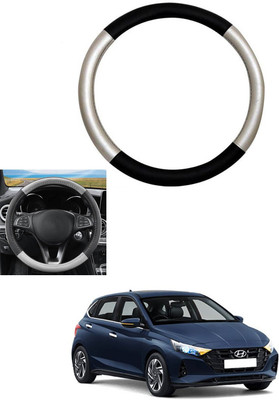 MATIES Steering Cover For Hyundai i20(Silver, Black, Leather)