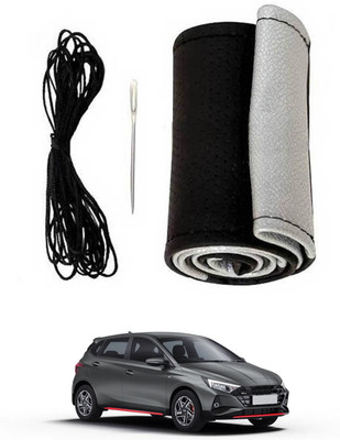 ABJD Hand Stiched Steering Cover For Hyundai Universal For Car(Silver, Black, Leatherite)