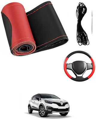 MATIES Hand Stiched Steering Cover For Renault Universal For Car(Red/Black, Leatherite)