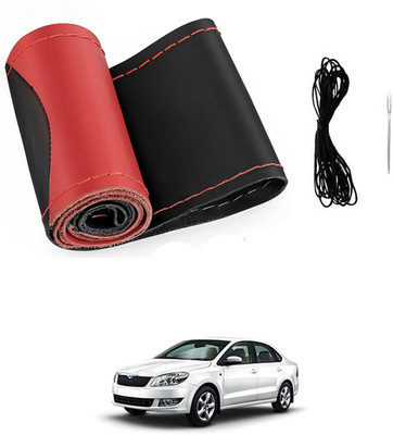 monolive Hand Stiched Steering Cover For Skoda Rapid(Red/Black, Leatherite)