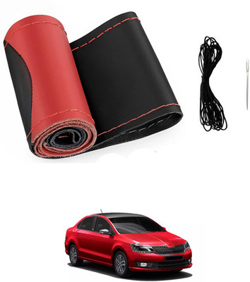 MATIES Hand Stiched Steering Cover For Skoda Rapid(Red/Black, Leatherite)