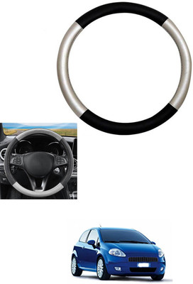 MATIES Steering Cover For Fiat Grand Punto(Silver, Black, Leather)