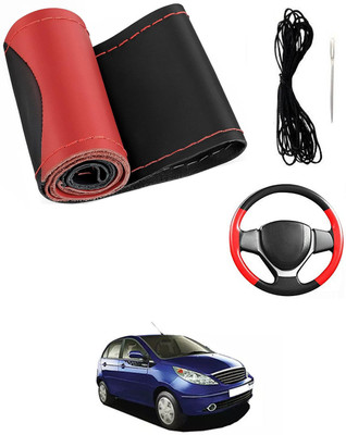 MATIES Hand Stiched Steering Cover For Tata Vista(Red/Black, Leatherite)