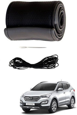 RKPSP Hand Stiched Steering Cover For Universal For Car SantaFe(Black/Grey, Leatherite)