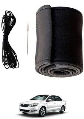MATIES Hand Stiched Steering Cover For Skoda Rapid(Black/Grey, Leatherite)