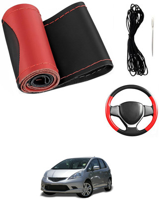 MATIES Hand Stiched Steering Cover For Honda Jazz(Red/Black, Leatherite)