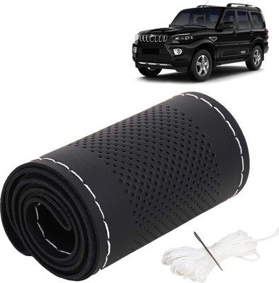 Kingsway Hand Stiched Steering Cover For Mahindra Scorpio(Black Color with Silver Thread, Leatherite)