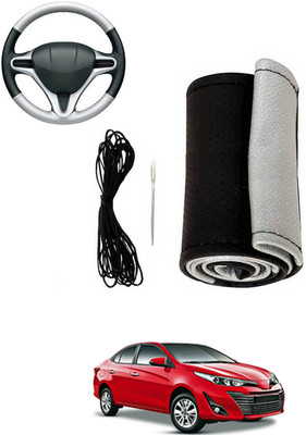 MATIES Hand Stiched Steering Cover For Toyota Universal For Car(Silver, Black, Leatherite)