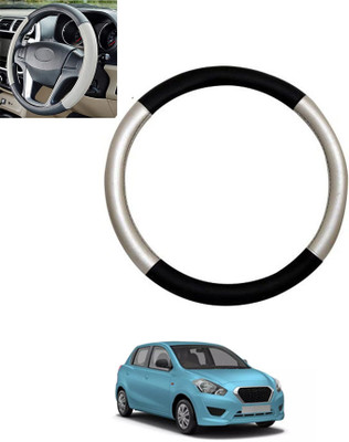 monolive Hand Stiched Steering Cover For Datsun Go(Silver/Black, Leatherite)