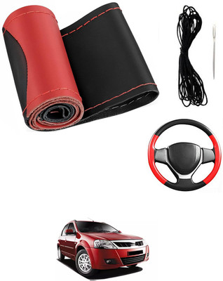 MATIES Hand Stiched Steering Cover For Mahindra Verito(Red/Black, Leatherite)