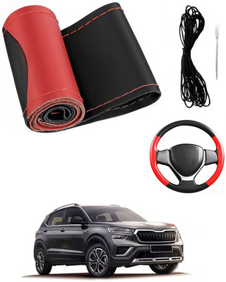 MATIES Hand Stiched Steering Cover For Skoda Universal For Car(Red/Black, Leatherite)