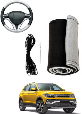 MATIES Hand Stiched Steering Cover For Volkswagen Universal For Car(Silver, Black, Leatherite)