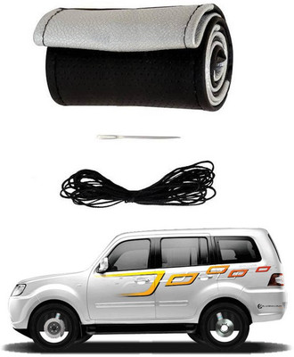 RKPSP Hand Stiched Steering Cover For Universal For Car Sumo Grand(Silver/Black, Leatherite)
