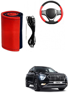 ARNEJA Hand Stiched Steering Cover For Hyundai Creta(Red, Black, Leather)