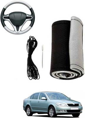 MATIES Hand Stiched Steering Cover For Skoda Laura(Silver, Black, Leatherite)