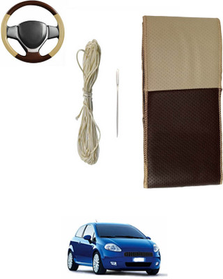 MATIES Hand Stiched Steering Cover For Fiat Grand Punto(Beige/Brown, Leatherite)