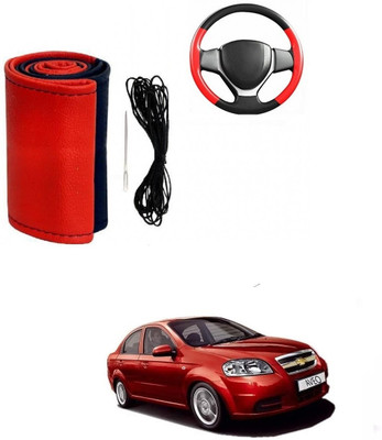 ARNEJA Hand Stiched Steering Cover For Chevrolet Aveo(Red, Black, Leather)