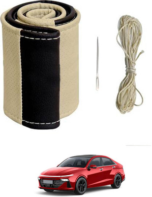 monolive Hand Stiched Steering Cover For Universal For Car Verna(Beige/Black, Leatherite)