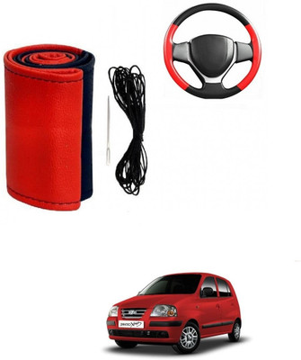 Autocom Hand Stiched Steering Cover For Hyundai Santro Xing(Red, Black, Leather)