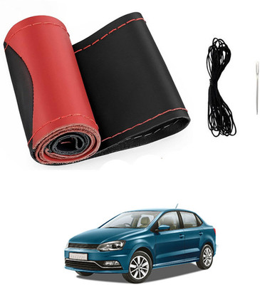 MATIES Hand Stiched Steering Cover For Volkswagen Universal For Car(Red/Black, Leatherite)
