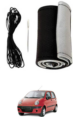 MATIES Hand Stiched Steering Cover For Daewoo Matiz(Black-Silver, Leatherite)