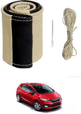 MATIES Hand Stiched Steering Cover For Honda Jazz(Beige/Black, Leatherite)