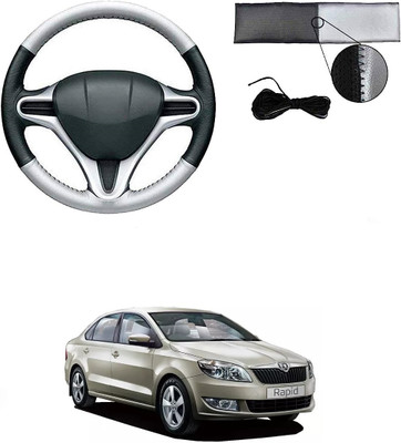 Autocom Hand Stiched Steering Cover For Skoda Rapid(Silver, Black, Leather)