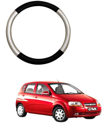 RKPSP Hand Stiched Steering Cover For Universal For Car Aveo UVA(Silver/Black, Leatherite)