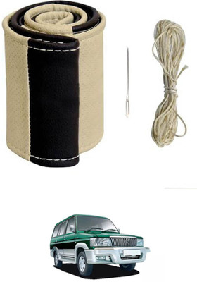 monolive Hand Stiched Steering Cover For Toyota Qualis(Beige/Black, Leatherite)