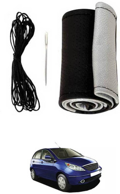 MATIES Hand Stiched Steering Cover For Tata Vista(Black-Silver, Leatherite)