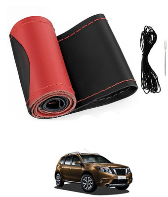 MATIES Hand Stiched Steering Cover For Nissan Terrano(Red/Black, Leatherite)