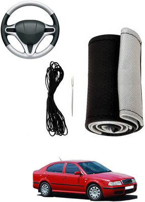 MATIES Hand Stiched Steering Cover For Skoda Octavia(Silver, Black, Leatherite)