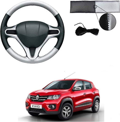 ARNEJA Hand Stiched Steering Cover For Renault Kwid(Silver, Black, Leather)