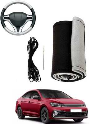 MATIES Hand Stiched Steering Cover For Volkswagen Universal For Car(Silver, Black, Leatherite)