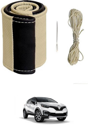 MATIES Hand Stiched Steering Cover For Renault Universal For Car(Beige/Black, Leatherite)
