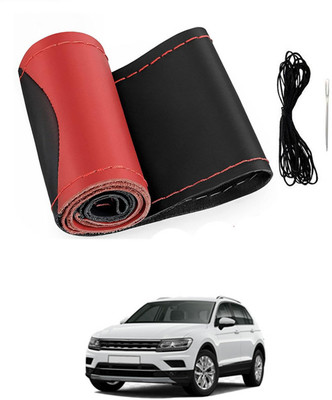MATIES Hand Stiched Steering Cover For Volkswagen Universal For Car(Red/Black, Leatherite)
