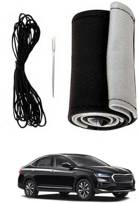 MSNP Hand Stiched Steering Cover For Skoda Universal For Car(Silver Black, Leatherite)