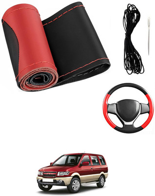 MATIES Hand Stiched Steering Cover For Chevrolet Tavera(Red/Black, Leatherite)