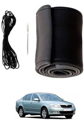 monolive Hand Stiched Steering Cover For Skoda Laura(Grey/Black, Leatherite)