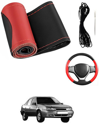 MATIES Hand Stiched Steering Cover For Daewoo Cielo(Red/Black, Leatherite)