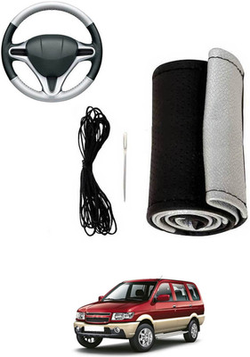 MATIES Hand Stiched Steering Cover For Chevrolet Tavera(Silver, Black, Leatherite)