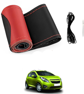 MSNP Hand Stiched Steering Cover For Chevrolet Beat(Red & Black, Leatherite)