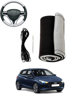 MATIES Hand Stiched Steering Cover For Hyundai i20(Silver, Black, Leatherite)