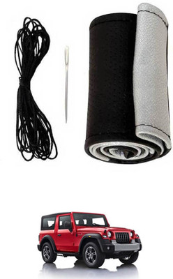 ABJD Hand Stiched Steering Cover For Nissan Thar(Silver, Black, Leatherite)