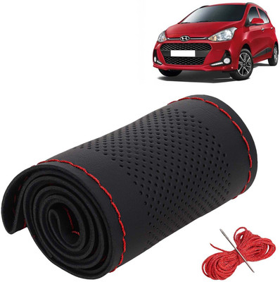 Kingsway Hand Stiched Steering Cover For Hyundai Grand i10(Black Color with Red Thread, Leatherite)