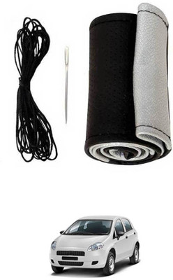 monolive Hand Stiched Steering Cover For Fiat Punto(Silver/Black, Leatherite)