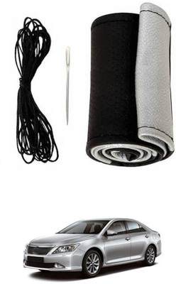 MATIES Hand Stiched Steering Cover For Toyota Camry(Black-Silver, Leatherite)