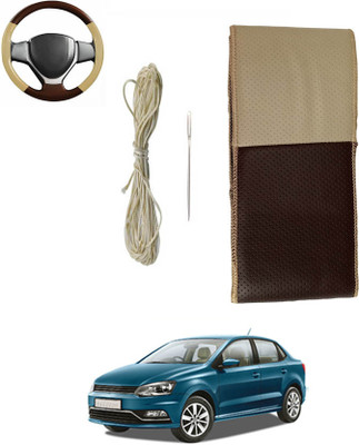 MATIES Hand Stiched Steering Cover For Volkswagen Universal For Car(Beige/Brown, Leatherite)