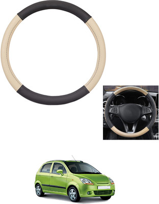 MATIES Steering Cover For Chevrolet Spark(Beige/Black, Leather)